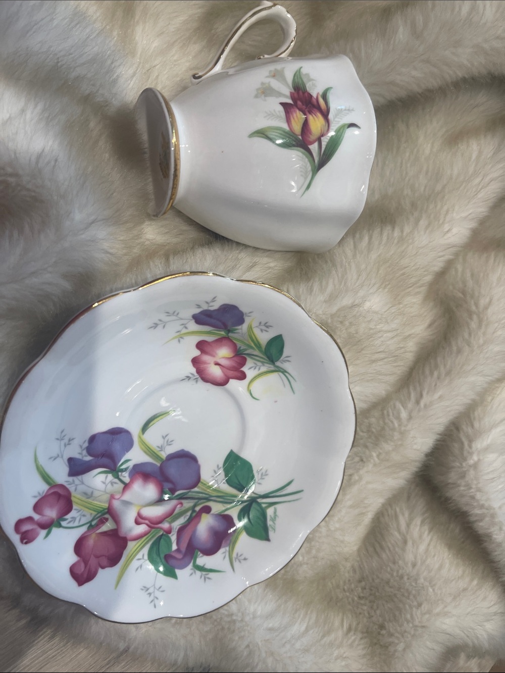 Royal Standard White Teacup and Saucer with Gold Trim and Floral Accent- Fantacy